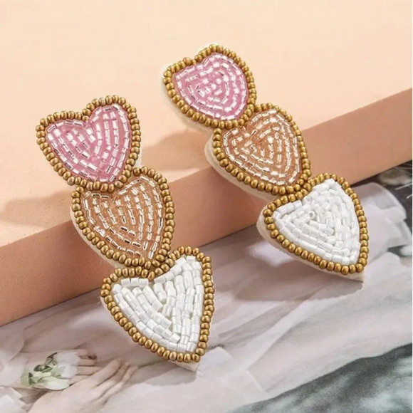 Beaded triple heart tiered earrings - three choices for colour style - Picture 3 of 4